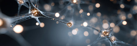 Neurons connect in a complex web, highlighted by shimmering nodes, set against a dark and ethereal background, illustrating the beauty of brain activity.の素材