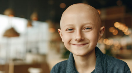 A cheerful child with a bald head smiles brightly in a cozy cafe filled with warm lighting, showing a moment of joy and comfort during the day.の素材
