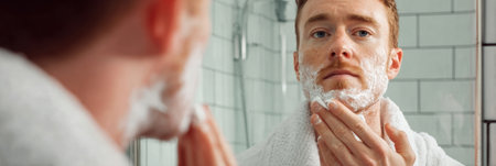 A man carefully applies shaving cream to his face while looking into a mirror in a modern bathroom. The atmosphere is fresh and clean.の素材