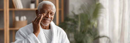 Senior man in a soft robe wipes his face with a gentle smile while relaxing at home surrounded by greenery and warm lighting.の素材