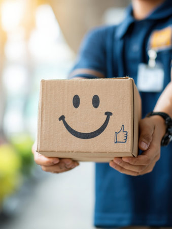 A delivery person presents a box featuring a smiling face design, showcasing a cheerful delivery experience in a sunny indoor environment.の素材