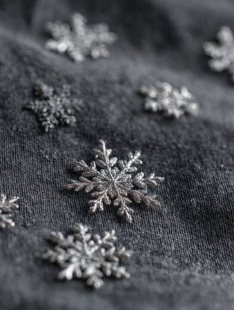 Delicate metallic snowflakes are scattered across a dark fabric, showing intricate designs perfect for winter-themed decorations and fashion accessories.の素材