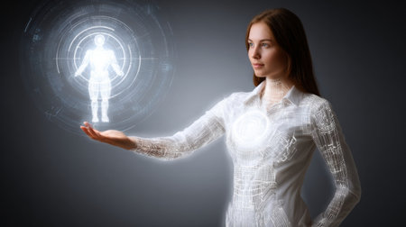 A young woman in a high-tech outfit shows a glowing hologram of a human figure, highlighting advanced technology in a digital space.の素材