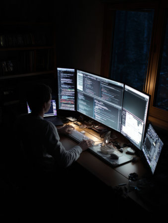 A programmer focuses on coding late at night, surrounded by multiple screens showing complex scripts in a dark room with soft lighting near a window.の素材