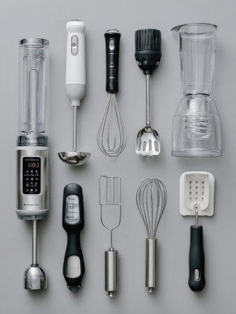 A collection of kitchen tools including hand blenders, whiskeys, and mixing utensils arranged neatly on a flat surface, showcasing modern kitchen essentials.の素材