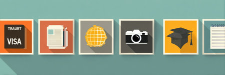 Set of colorful icons depicting themes of travel, education, and organization, including a visa, documents, a globe, a camera, a graduation cap, and a notepad.の素材