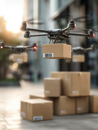 Drones hover above stacked cardboard boxes, delivering packages in a busy urban area as the sun sets, creating a warm glow.の素材