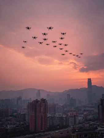 A formation of drones is soaring above a bustling city during sunset, casting shadows against the vibrant sky and creating a stunning visual display.の素材