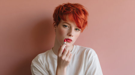 With a confident expression, a young woman with short red hair applies bright red lipstick in front of a soft pink wall, showing a bold beauty moment.の素材