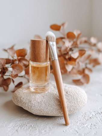 Stylish natural skincare products are artfully displayed on textured stone with a brush and dried leaves, creating an inviting look.の素材