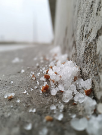 Hailstones and small gravel pieces lie on a wet concrete surface after a recent storm in an urban area under overcast skies.の素材