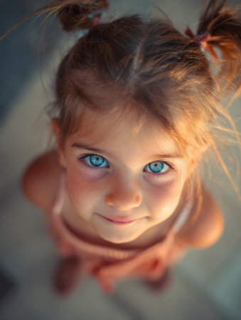 A young girl with striking blue eyes smiles warmly while looking up, surrounded by soft sunlight during a pleasant afternoon at a playground.の素材