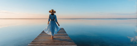 At sunrise, a woman strolls along a wooden pier by a tranquil lake, dressed in a flowing summer dress and wide-brimmed hat, embracing the peaceful moment.の素材