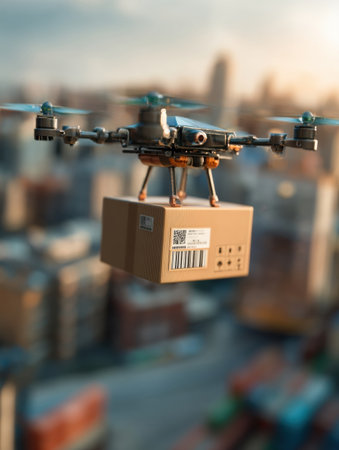 A drone carrying a cardboard package hovers above a city filled with skyscrapers and shipping containers as the sun sets in the background.の素材