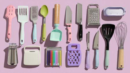 Various cooking utensils and kitchen tools are neatly arranged in a vibrant display, showcasing their colorful designs against a soft pastel backdrop.の素材
