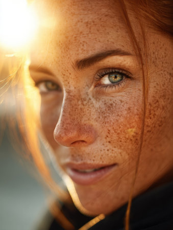 A woman gazes directly at the viewer, sunlight illuminating her freckles and green eyes, creating a warm and inviting atmosphere in the background.の素材