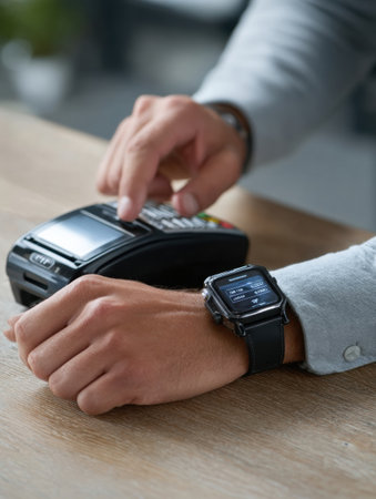 A person is making a contactless payment using a smartwatch at a retail location, with a cashier terminal visible on a wooden surface.の素材