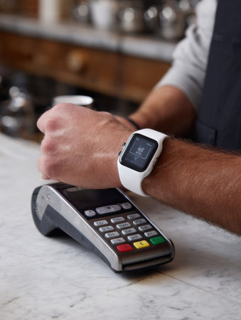 A person uses a smartwatch to complete a payment at a cafe, showcasing modern technology in a bustling environment with a light, relaxed atmosphere.の素材