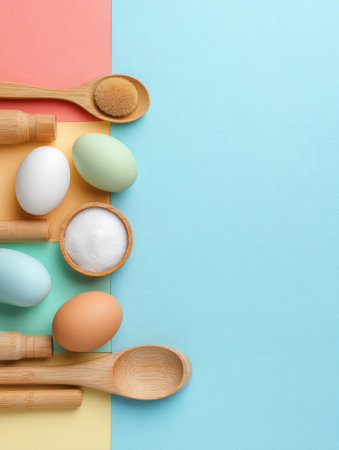 Various eggs and kitchen tools are neatly arranged on a pastel colored background, ideal for baking or crafting recipes in a cheerful setting.の素材