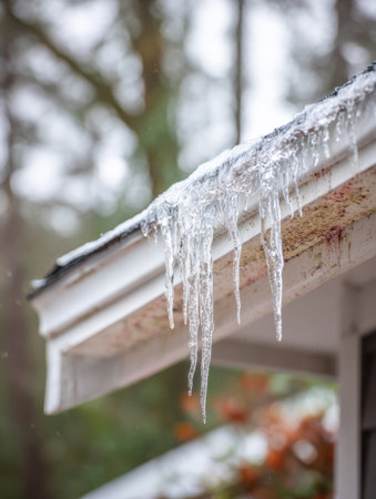 Beautiful icicles form on the edge of a roof during a cold winter day in a serene, forested location with blurred background details.の素材