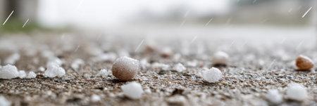 Small hailstones are seen scattered across a concrete surface, indicating a recent hailstorm in a suburban area during springtime.の素材