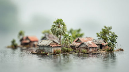 A small village with rustic huts and palm trees sits on tranquil water, creating a serene atmosphere in the early morning mist.の素材