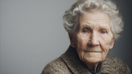 An elderly woman displays a gentle smile and wise expression, seated in a cozy studio with soft lighting highlighting her features and age.の素材
