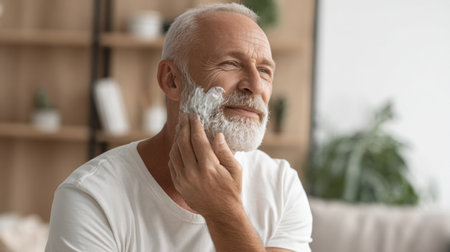 Man with gray hair and beard enjoys his grooming routine, applying shaving cream with a smile in a bright, cozy room filled with plants.の素材