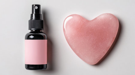 Wellness products are arranged with a pink spray bottle and a heart-shaped rose quartz stone on a neutral gray surface, ideal for self-care routines.の素材