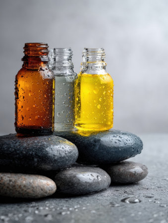 Three glass bottles in amber, clear, and yellow are arranged on smooth stones, adorned with droplets, reflecting a serene and calming atmosphere.の素材