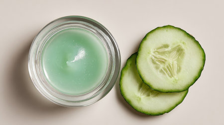 Green gel filled jar placed beside fresh cucumber slices, illustrating a soothing skincare routine involving natural ingredients and self-care.の素材