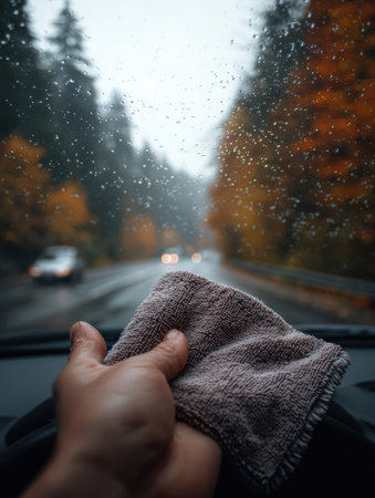 A person uses a cloth to wipe rain from the windshield while driving on a wet road surrounded by vibrant autumn trees under overcast skies.の素材