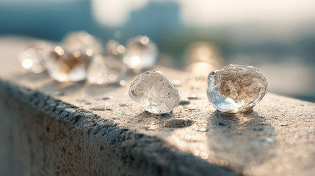 Small, clear ice chunks sparkle on a textured concrete surface in the soft glow of morning light, hinting at a recent thaw and the onset of spring.の素材