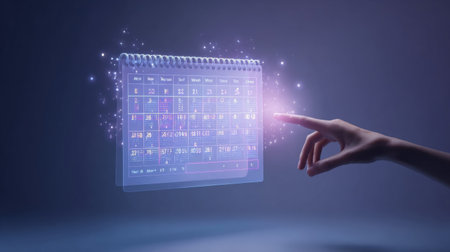 A hand is reaching towards a floating digital calendar, showcasing an interactive interface with glowing elements against a dark backdrop.の素材