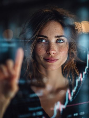 Focused woman is engaging with complex financial data displayed on a digital interface while working in an office during daylight.の素材