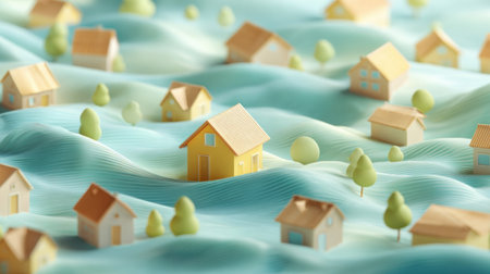 A collection of miniature houses of different colors and designs rests on wavy, textured surfaces, creating a serene and colorful abstract landscape.の素材