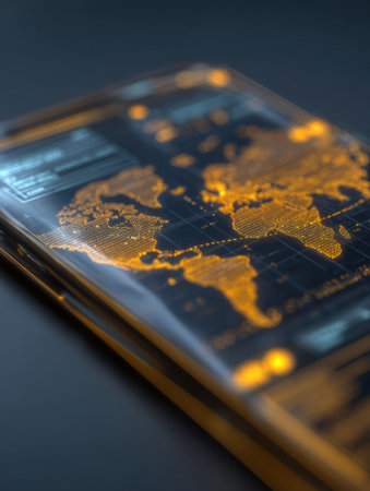 A smartphone showcases a bright world map with orange lights against a dark background, perfect for tech enthusiasts and global travelers.の素材