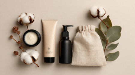 Collection of skincare products arranged with cotton bolls and eucalyptus leaves, highlighting sustainable beauty in a calm, neutral setting.の素材