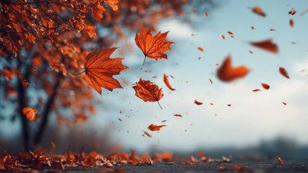 Vibrant orange and red leaves are caught in the wind, creating a picturesque display against a backdrop of blue sky and distant trees.の素材