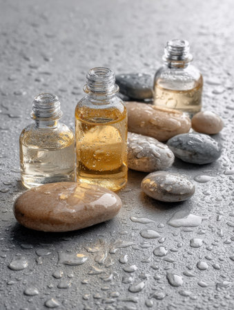 Glass jars of essential oils arranged artistically on polished stones sprinkled with water droplets, creating a tranquil ambiance for relaxation and pampering.の素材