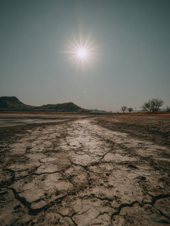 Barren ground shows deep cracks, with a scorching sun shining above. Distant hills and sparse trees complete the desolate landscape in midday.の素材