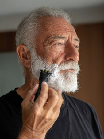 An elderly man meticulously trims his beard with an electric shaver, showing a moment of daily grooming in a modern indoor environment.の素材