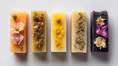 Five handmade soap bars with embedded dried flowers display a variety of colors and textures, arranged neatly against a smooth white background.の素材
