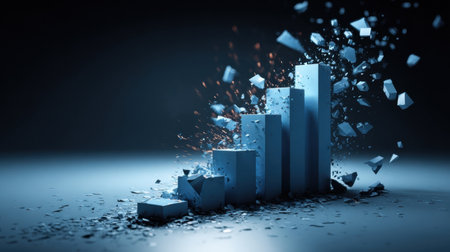 A bar graph representing data growth breaks apart, sending debris flying in a dark blue atmosphere, showing a moment of unexpected transformation.の素材