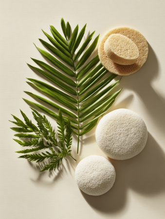 A calming spa setup features palm leaves and circular bath sponges arranged on a beige surface to promote relaxation and self-care routines.の素材