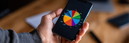A hand holds a smartphone showing a vibrant pie chart.の素材