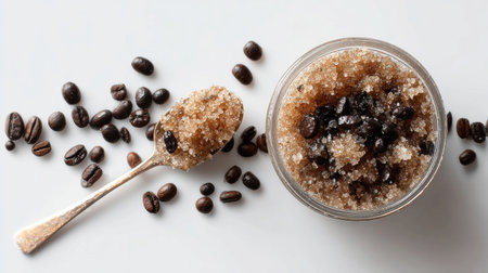 Brown sugar mixed with coffee beans sits in a glass jar alongside a spoon, showing natural skincare ingredients perfect for exfoliation.の素材