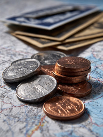 Various coins and banknotes are scattered on a map, highlighting the details of currency and travel planning, suggesting a journey or exploration.の素材