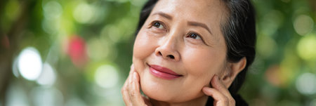 A woman in her later years gazes thoughtfully with a gentle smile, surrounded by lush greenery, enjoying a serene moment outdoors under bright sunlight.の素材