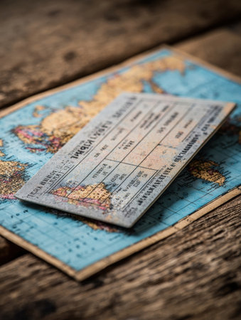 A travel passport rests on top of a vibrant world map, representing a desire for exploration and adventure among diverse destinations and cultures.の素材